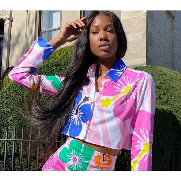 SAMMY B Tati Pink Floral Print Crop Cotton Button-Up Shirt - Picture 1 of 12